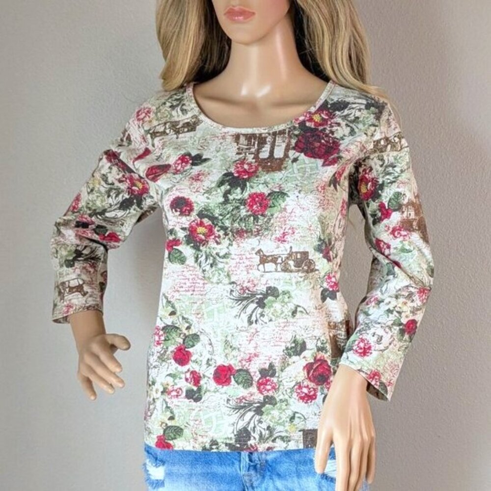 Great Northwest Top Women's Large Cream Red Floral All over Print 3/4 Sleeve Top